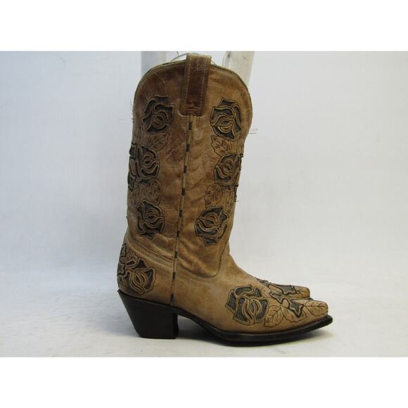 Corral Womens Size M Brown Leather Floral Cross Inlay Cowboy Boots